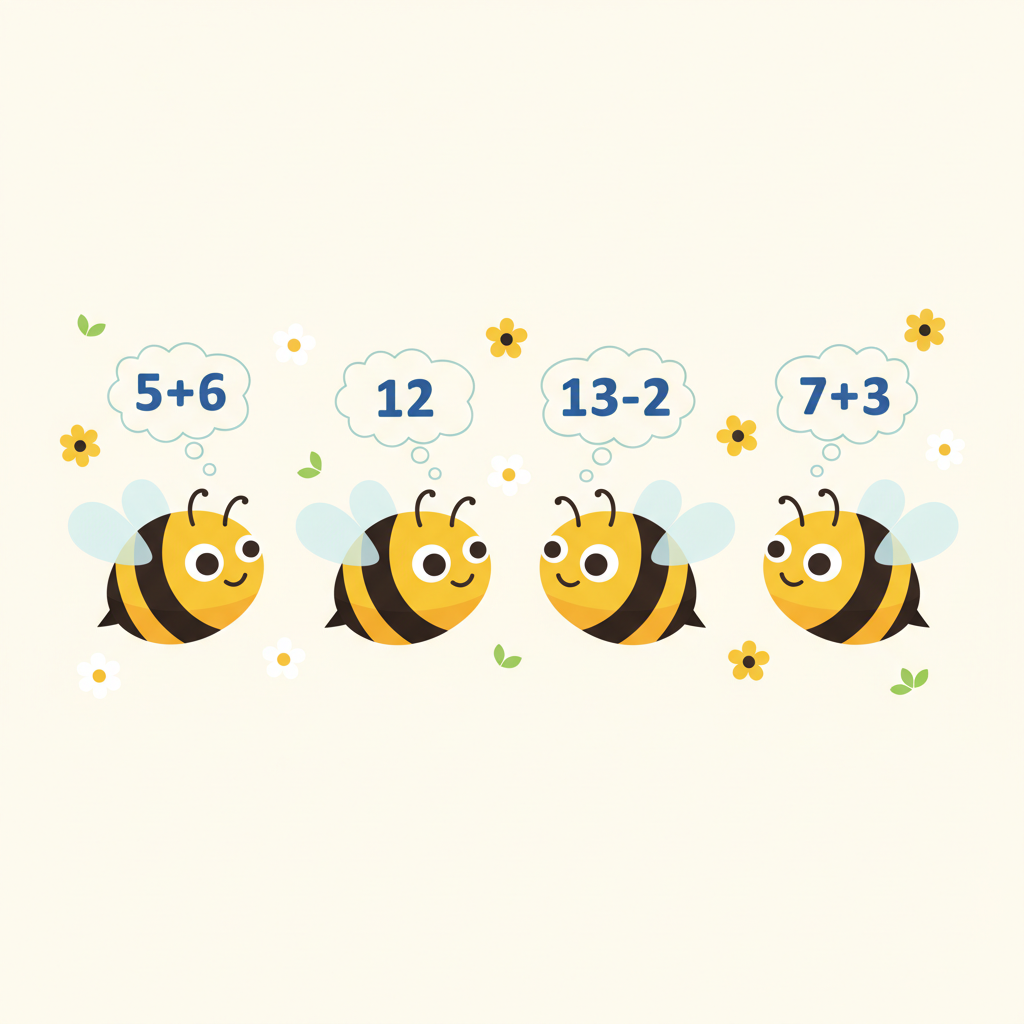 Four bees. Bee 1: '5+6'. Bee 2: '12'. Bee 3: '13-2'. Bee 4: '7+3'.