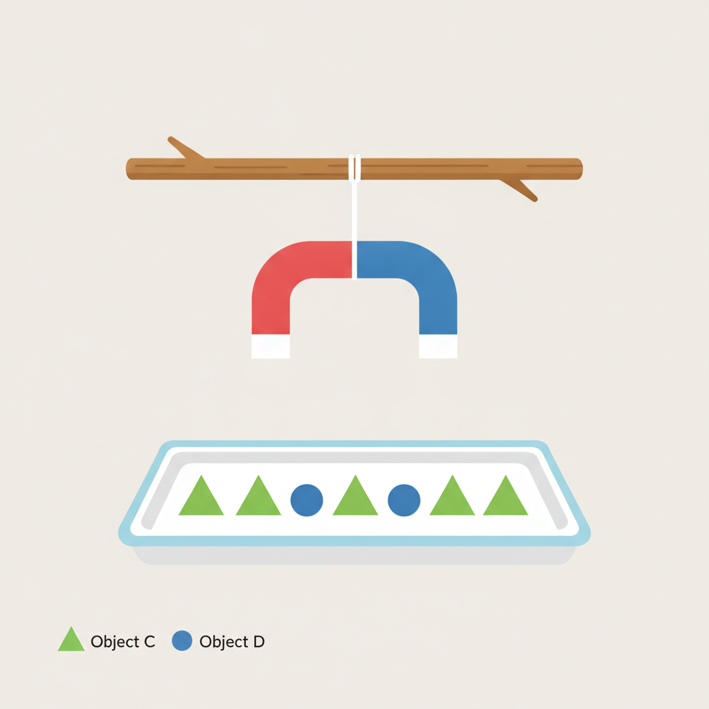 A magnet is tied with a string to a horizontal stick. The magnet hangs above a tray containing alternating triangular objects (object C) and circular objects (object D). A key s...