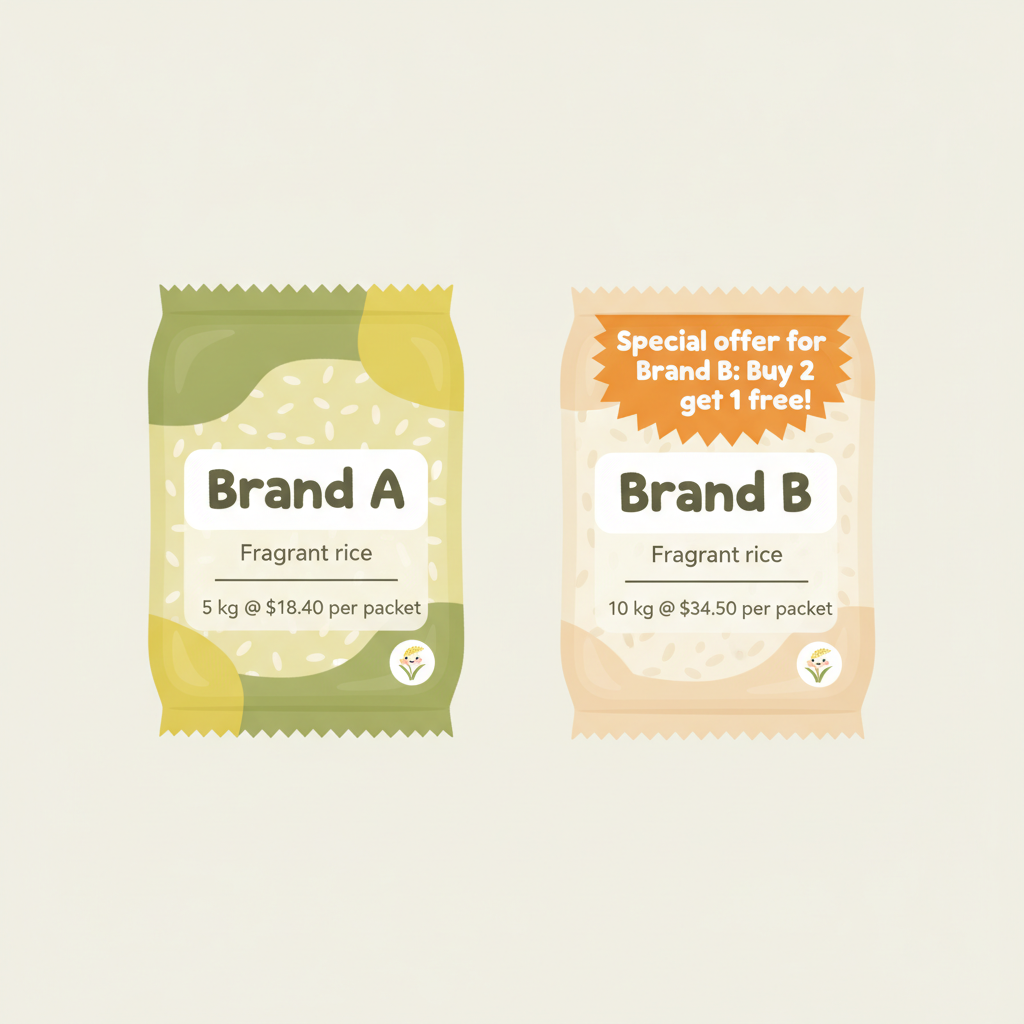 Two rice packets. Brand A labelled 'Fragrant rice 5 kg @ $18.40 per packet'. Brand B labelled 'Fragrant rice 10 kg @ $34.50 per packet' with a starburst reading 'Special offer f...