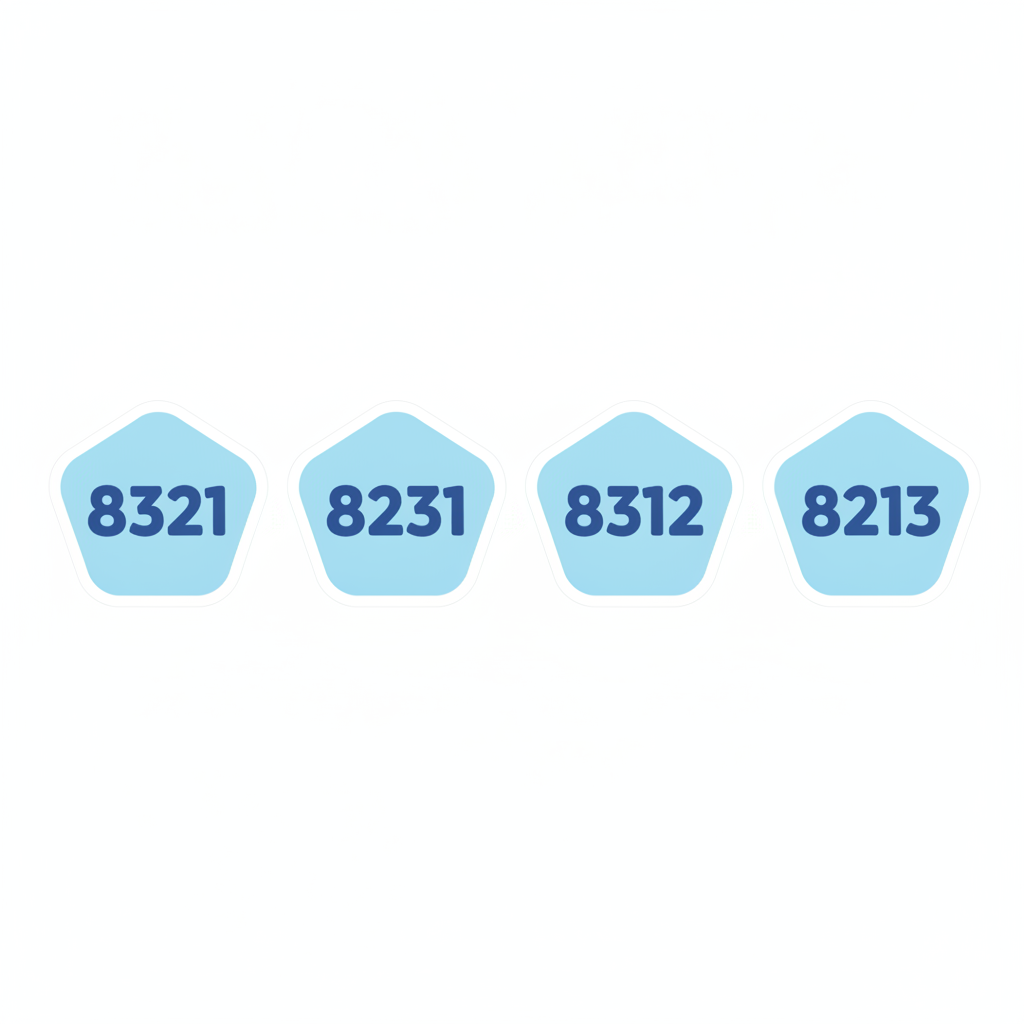 Four pentagon shapes side by side, each containing a 4-digit number: 8321, 8231, 8312, 8213.