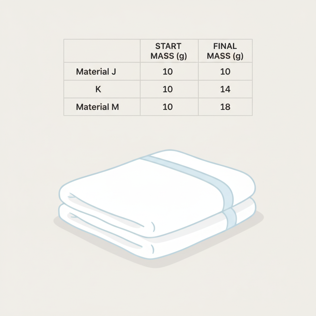 A table showing four materials and their masses. Material J: 10g at start, 16g after 15 minutes. Material K: 10g at start, 10g after. Material L: 10g at start, 14g after. Materi...
