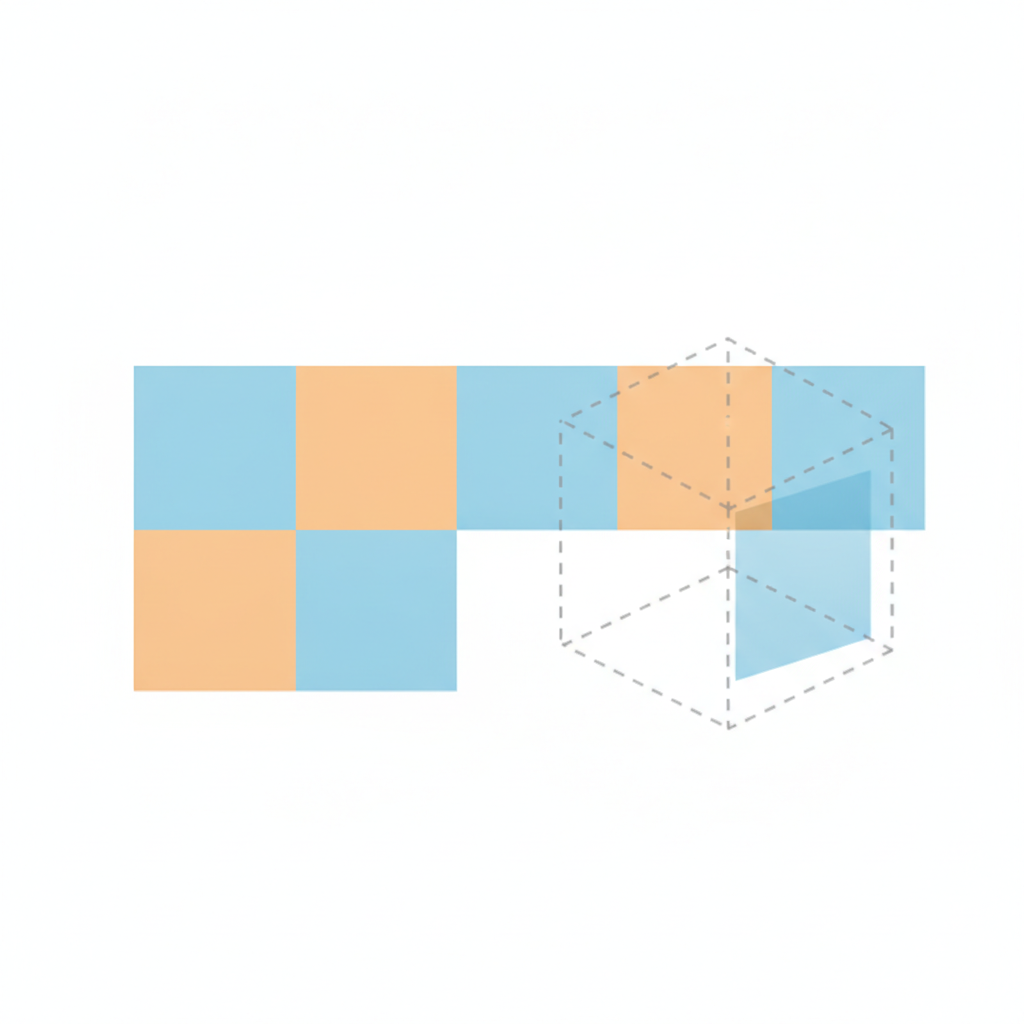 A net of joined squares that does not fold into a proper cube: a 2×2 block of squares on the left with a horizontal row of squares extending to the right, arranged so that two o...