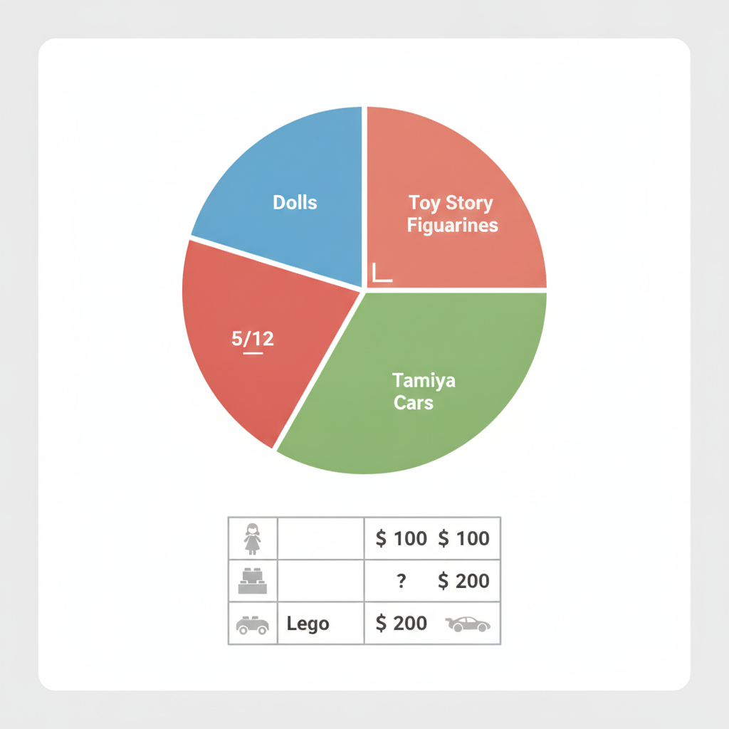 A pie chart divided into four sectors labelled Dolls, Toy Story Figurines, Lego, and Tamiya Cars. The Tamiya Cars sector is marked 5/12. A right-angle symbol is shown at the cen...