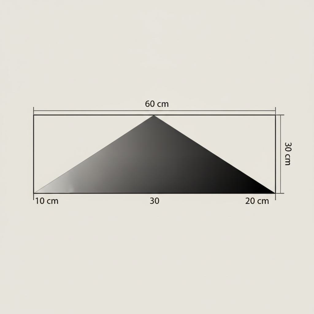 A 60 cm by 30 cm rectangle with a black-shaded triangle inside whose apex touches the top edge of the rectangle. The triangle's base sits along the bottom of the rectangle, with...