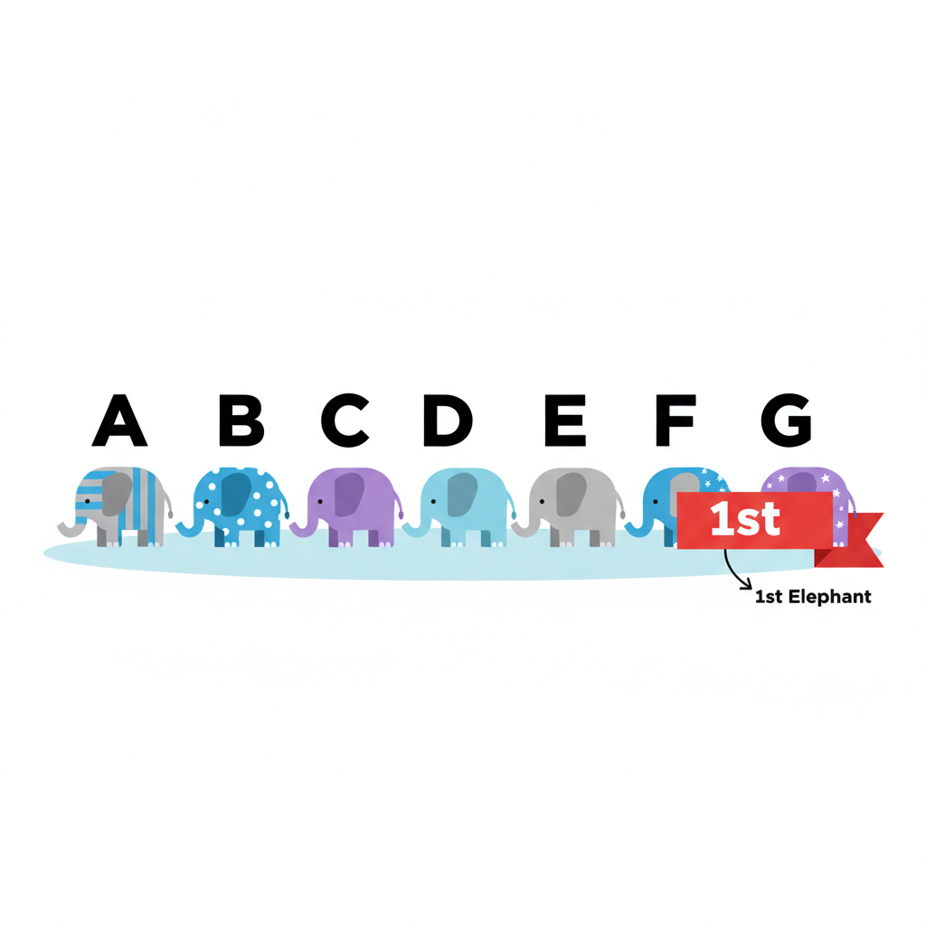 7 elephants labeled A, B, C, D, E, F, G from left to right. Elephant G is marked as '1st'.