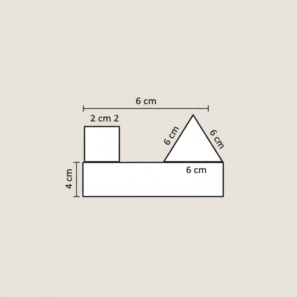 Composite figure: a rectangle of height 4 cm with a small 2 cm × 2 cm square attached on top of its left section, and an equilateral triangle of side 6 cm attached to the right ...