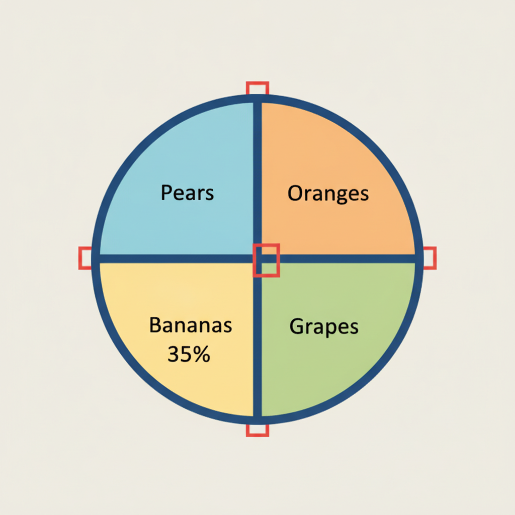 A circle (pie chart) divided into four sectors labelled Oranges, Pears, Grapes and Bananas (35%). A small square right-angle symbol is drawn at the centre between the Oranges an...