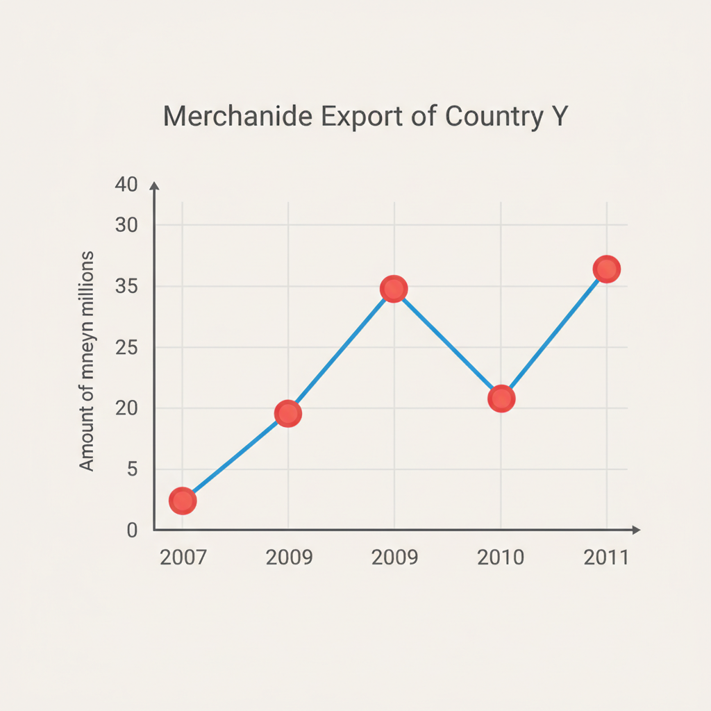 A line graph titled 'Merchandise Export of Country Y'. Y-axis 'Amount of money in millions' from 0 to 40. Plotted points: Year 2007 = 20, Year 2008 = 35, Year 2009 = 30, Year 20...