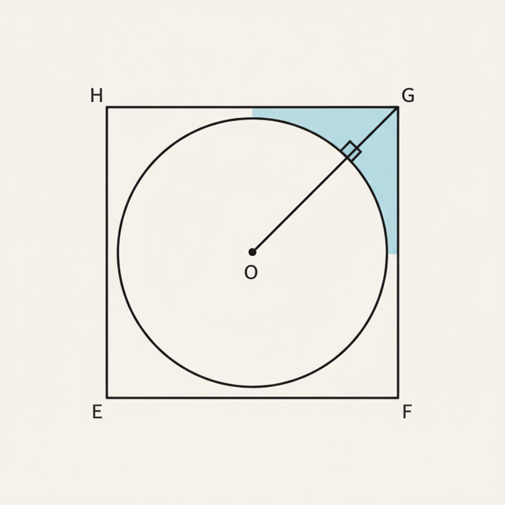 A square EFGH (H top-left, G top-right, E bottom-left, F bottom-right) with a circle inscribed, centre O. A right angle is marked at O between two radii drawn to the top-right r...
