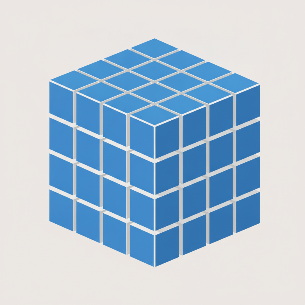 A large cube shaded/painted on its outside, drawn in 3-D and subdivided into a 3 by 3 by 3 arrangement of 27 identical small cubes.