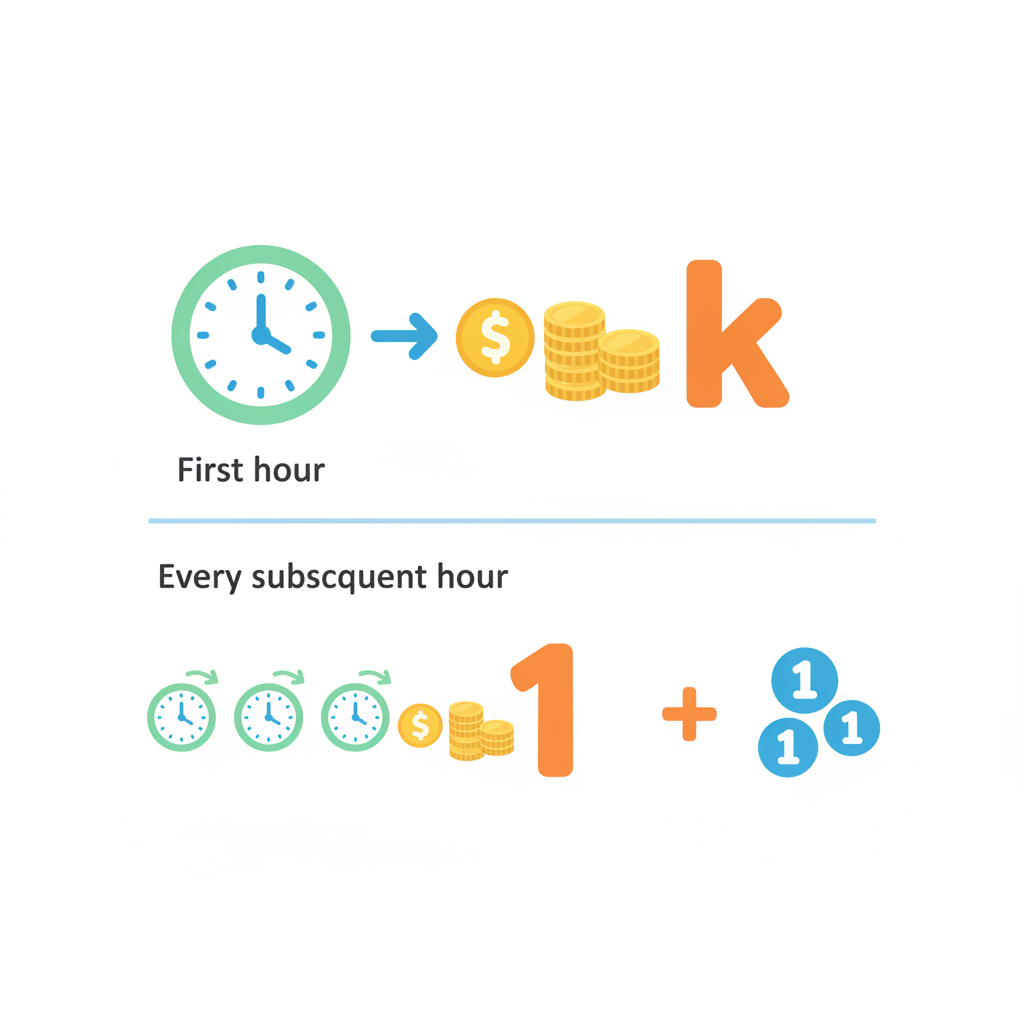 A two-row charge table: 'First hour | $2k' and 'Every subsequent hour | $(k + 3)'.
