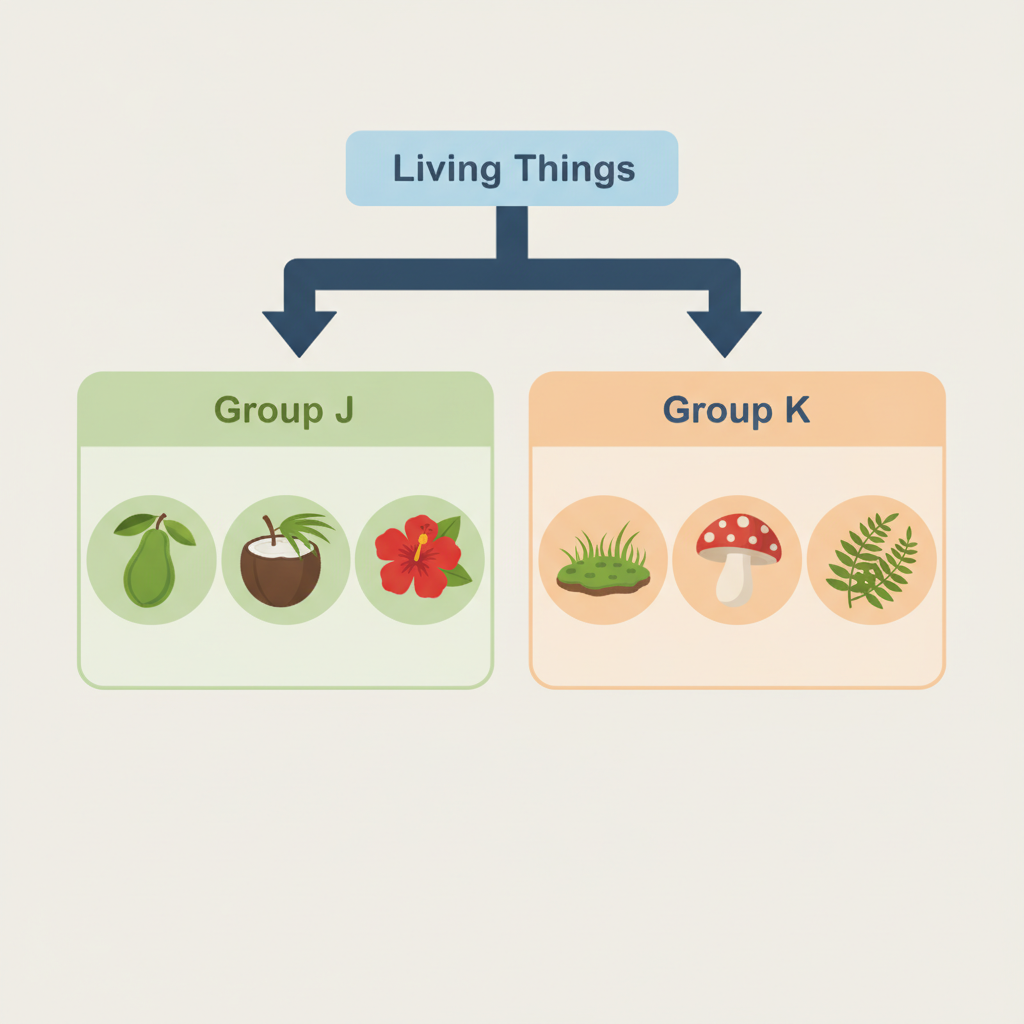 A classification chart. Top box 'Living Things' branches into 'Group J' (Papaya, Coconut, Hibiscus) and 'Group K' (Moss, Mushroom, Bird's nest fern).