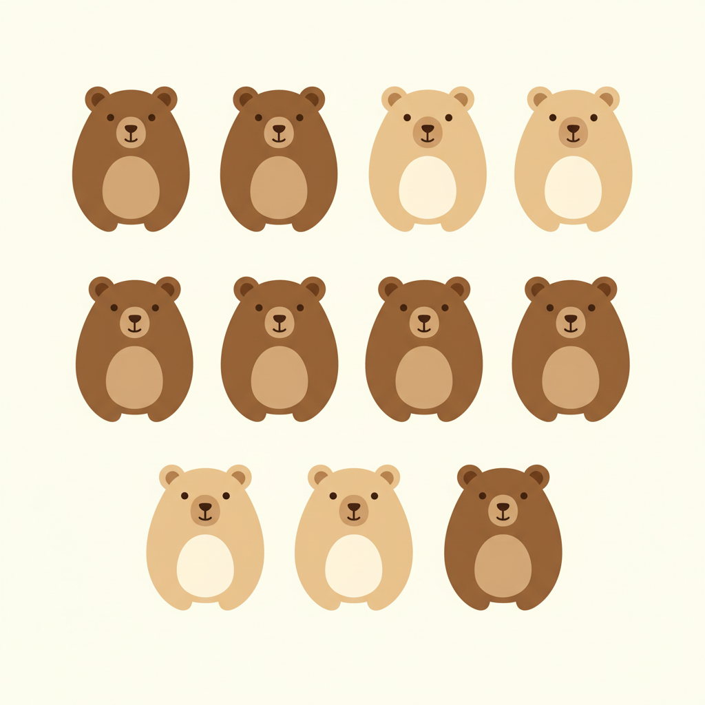 11 cartoon bears arranged in rows: 4 bears in the top row, 4 bears in the middle row, and 3 bears in the bottom row.