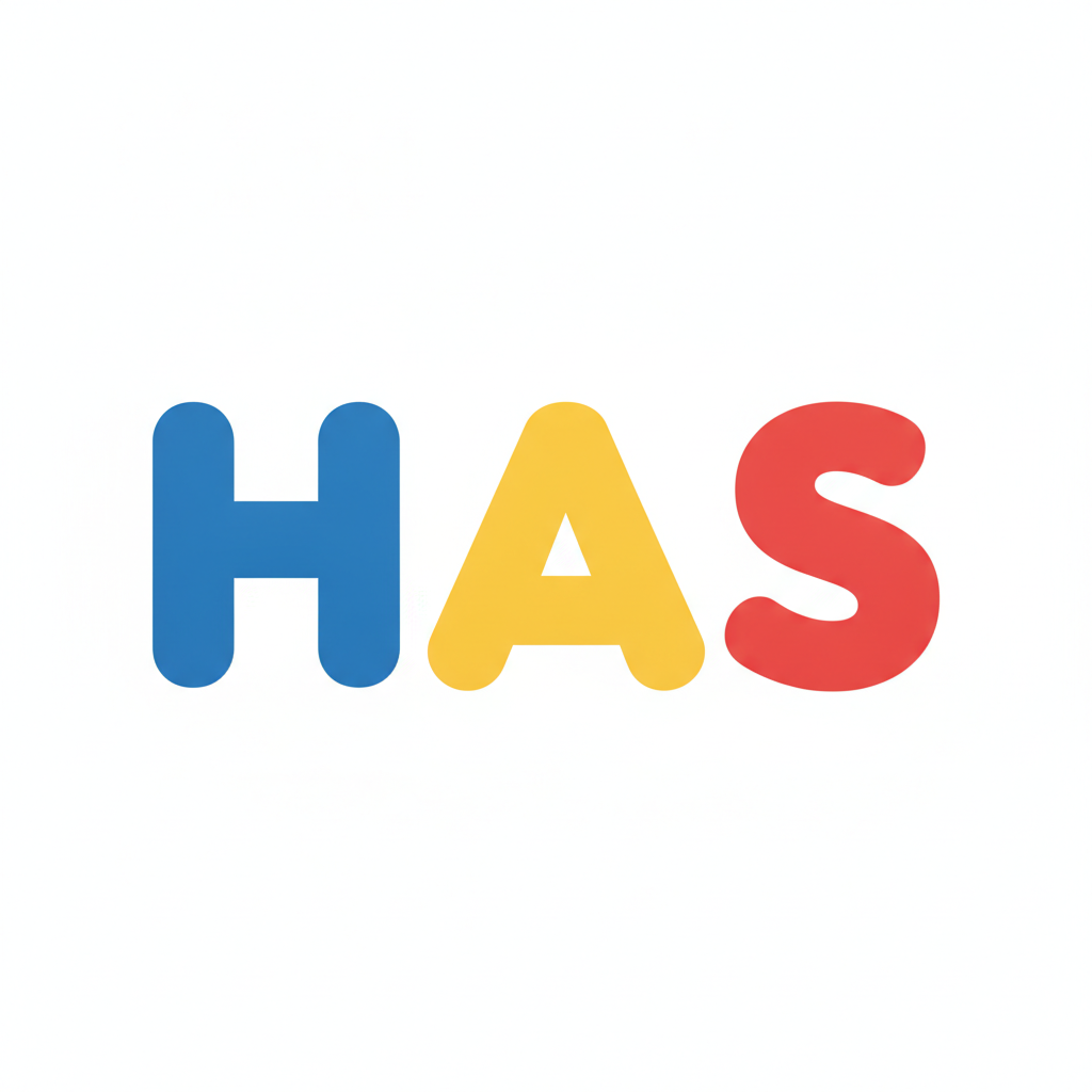 Three large block letters displayed: H, A, S.