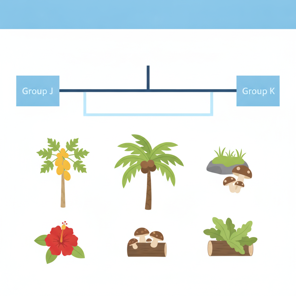 A classification chart titled 'Living Things'. It branches into 'Group J' and 'Group K'. Group J lists 'Papaya, Coconut, Hibiscus'. Group K lists 'Moss, Mushroom, Bird's nest fern'.