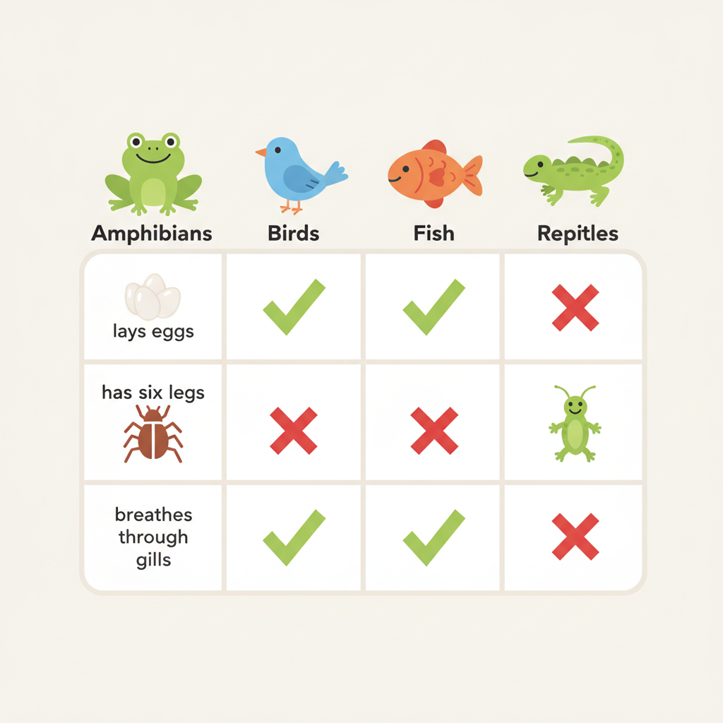 Table with characteristic rows (lays eggs, has six legs, breathes through gills) and columns Amphibians, Birds, Fish, Reptiles. Amphibians: yes/no/yes. Birds: yes/no/no. Fish: y...