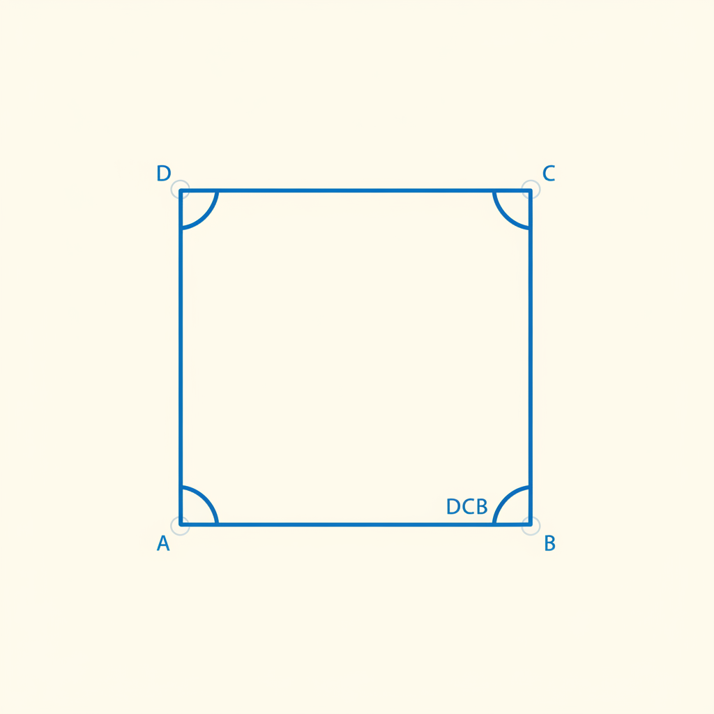 A quadrilateral ABCD with vertices labelled A on the left, D at the top, C on the right, and B at the bottom. Small arcs mark the interior angle at each vertex. Angle DCB at ver...
