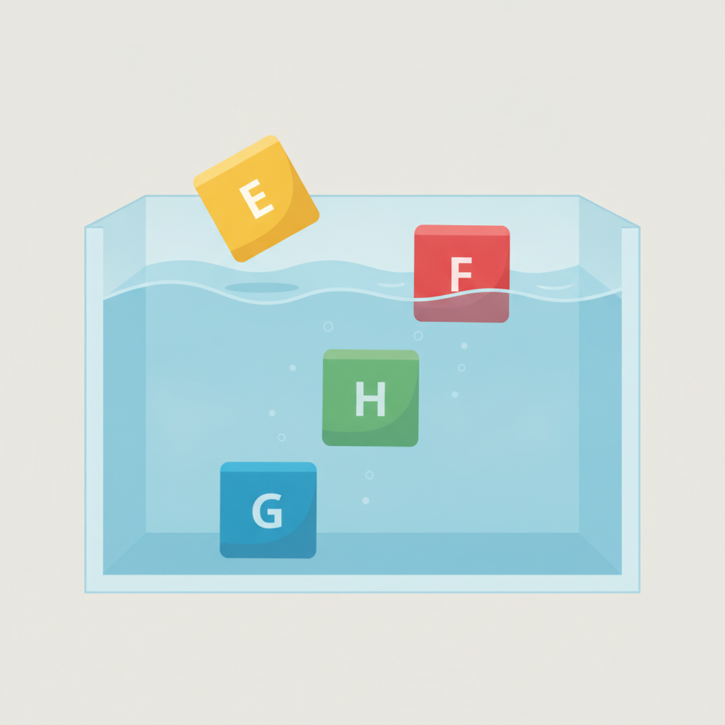 A tank of water shown in cross-section. Cube E floats above the water surface, cube F floats just at the water surface, cube H is suspended in the middle of the water, and cube ...