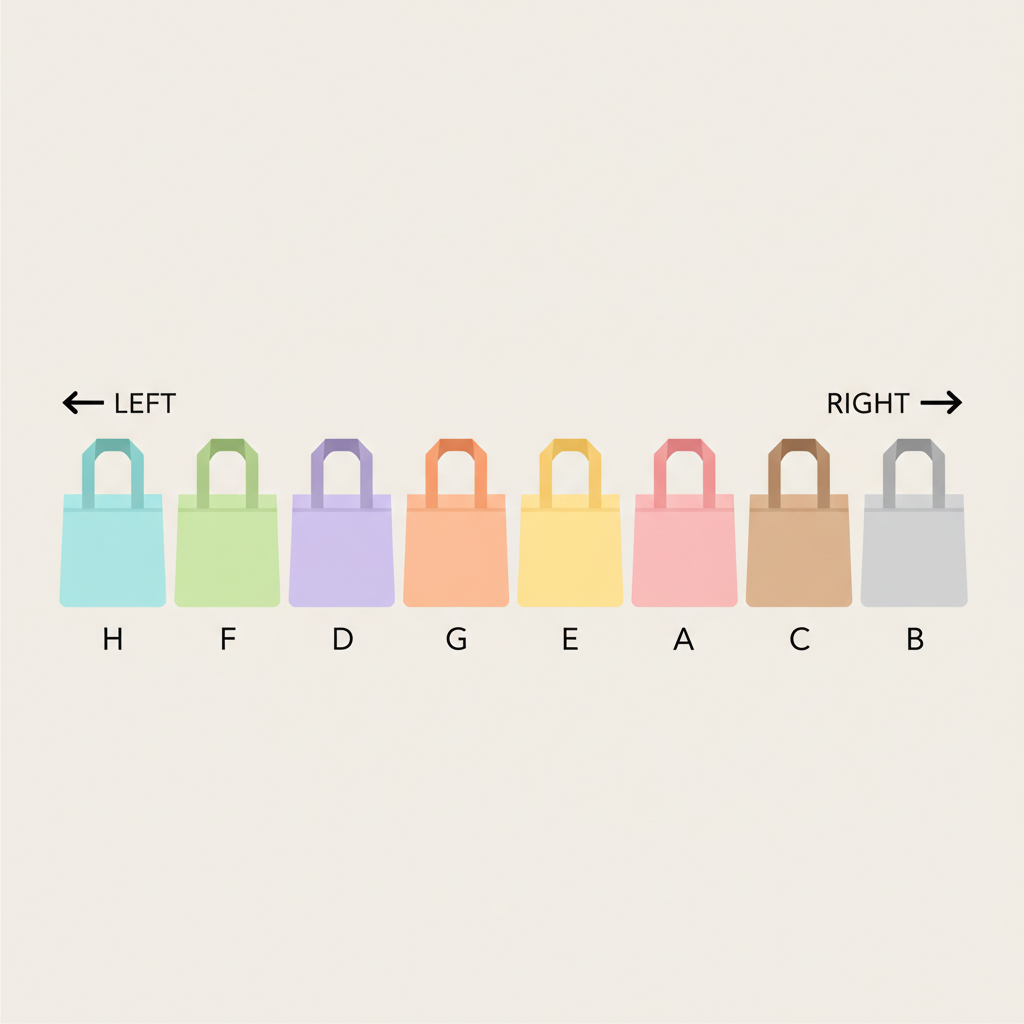 8 bags arranged in a row from left to right, labeled H, F, D, G, E, A, C. 'left' is indicated on the left, 'right' on the right.