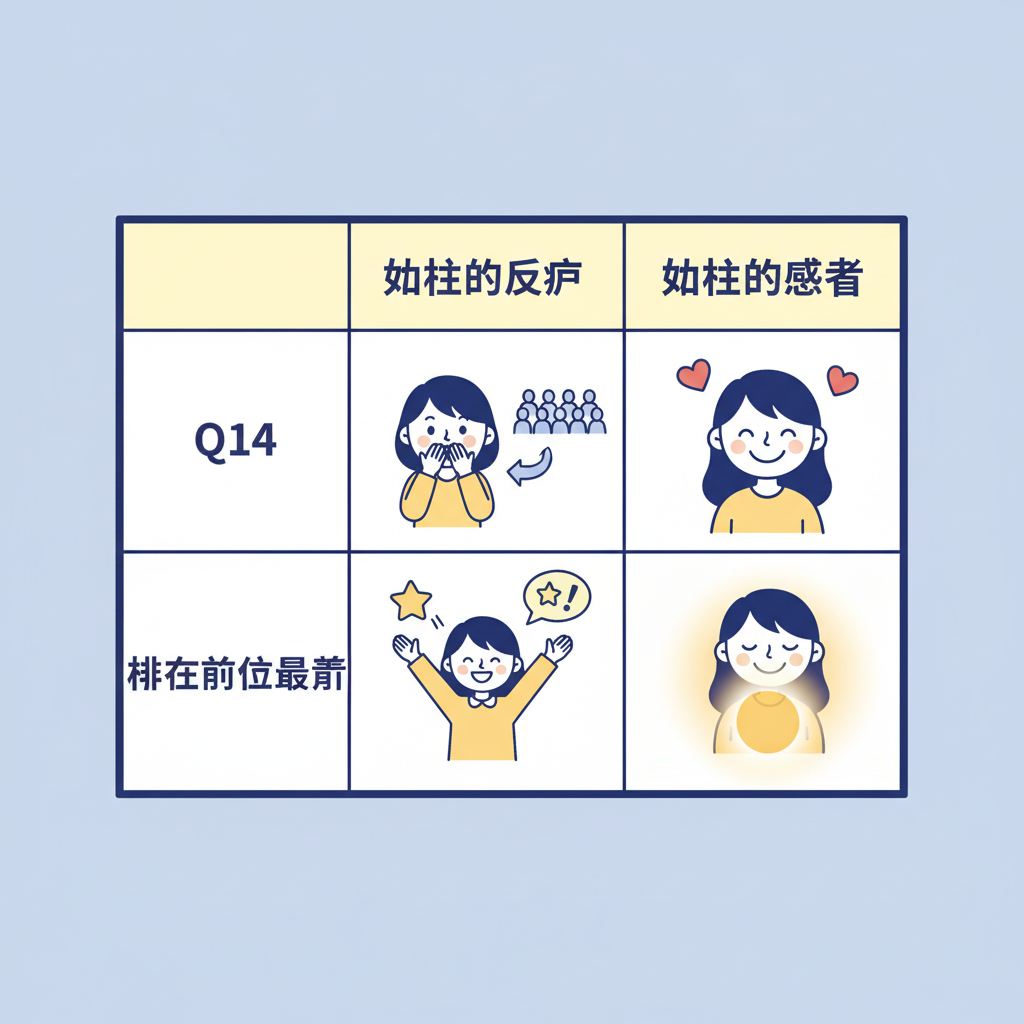 Two-row, three-column table. Columns: 空白（标签列）、妇女的反应、妇女的感受。Q14 行标签写'排在队伍最前'，需在反应与感受两栏作答。
