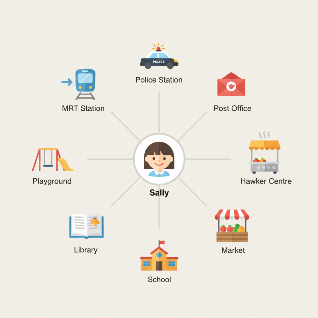 A compass-like diagram with 'Sally' at the centre and eight places radiating outward at 45° intervals: Police Station (N), Post Office (NE), Hawker Centre (E), Market (SE), Scho...