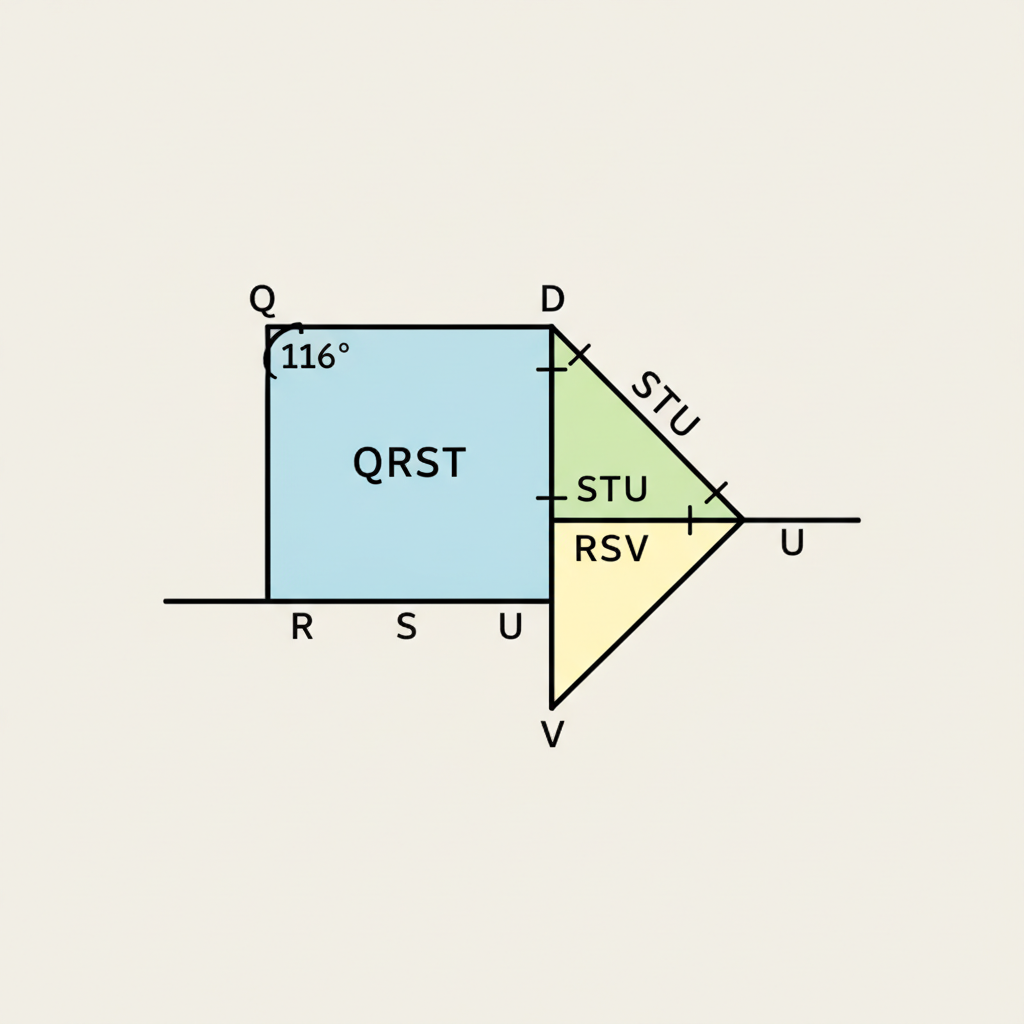 A composite figure: parallelogram QRST with angle Q marked 116°; an isosceles triangle STU attached on the right with tick marks showing ST = SU (U to the right of S); and a rig...