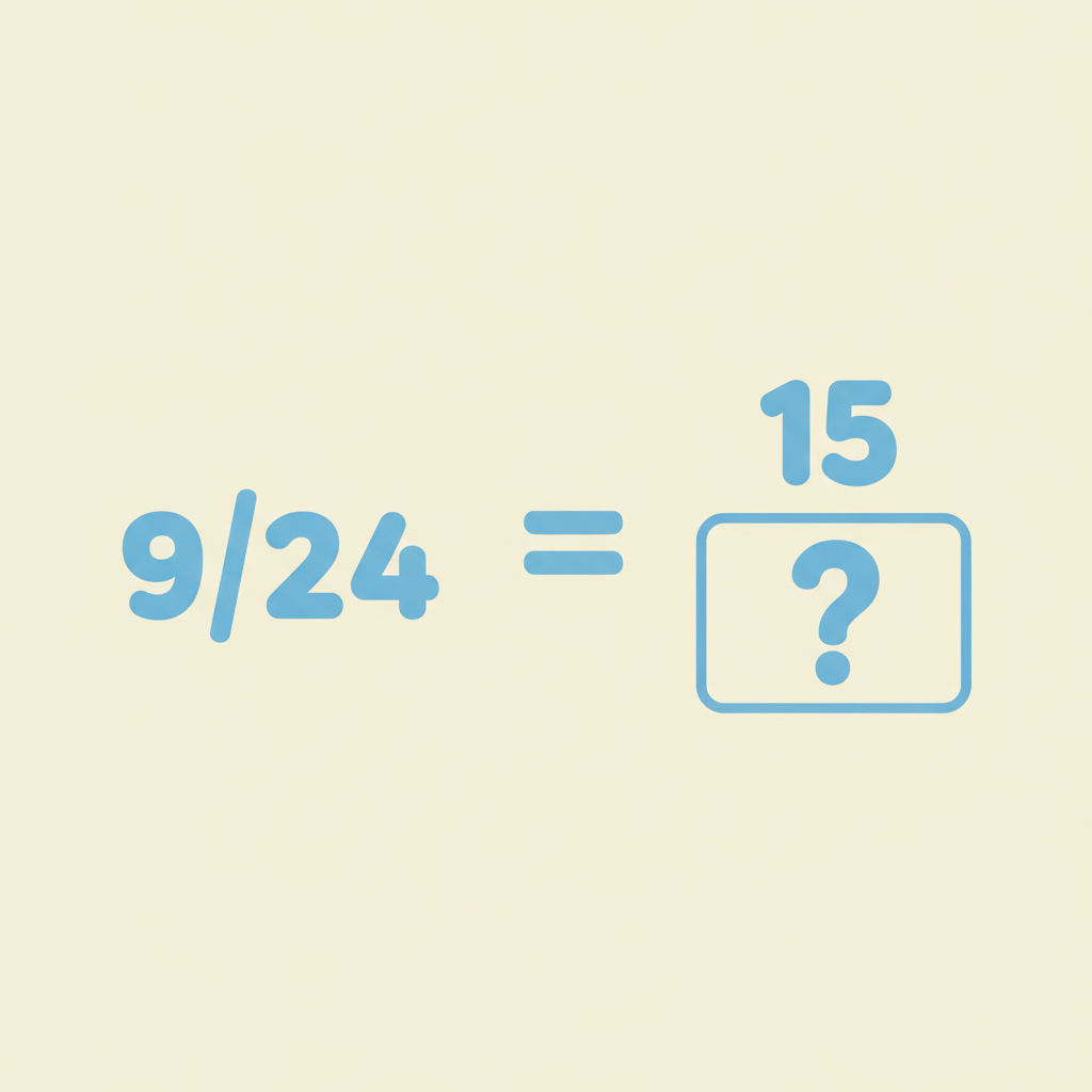 An equation showing the fraction 9/24 equal to 15 over an empty box with a question mark.